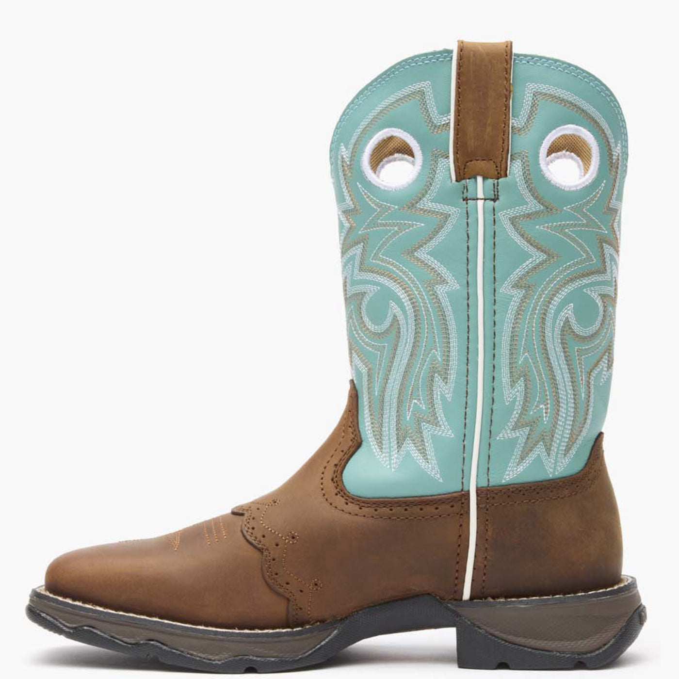 Inner side view of Durango Lady Rebel brown and powder blue western boot
