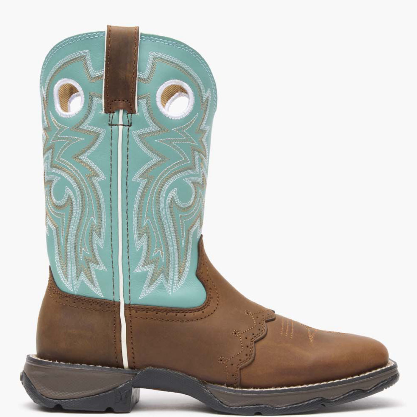 Outer side view of Durango Lady Rebel brown and powder blue western boot