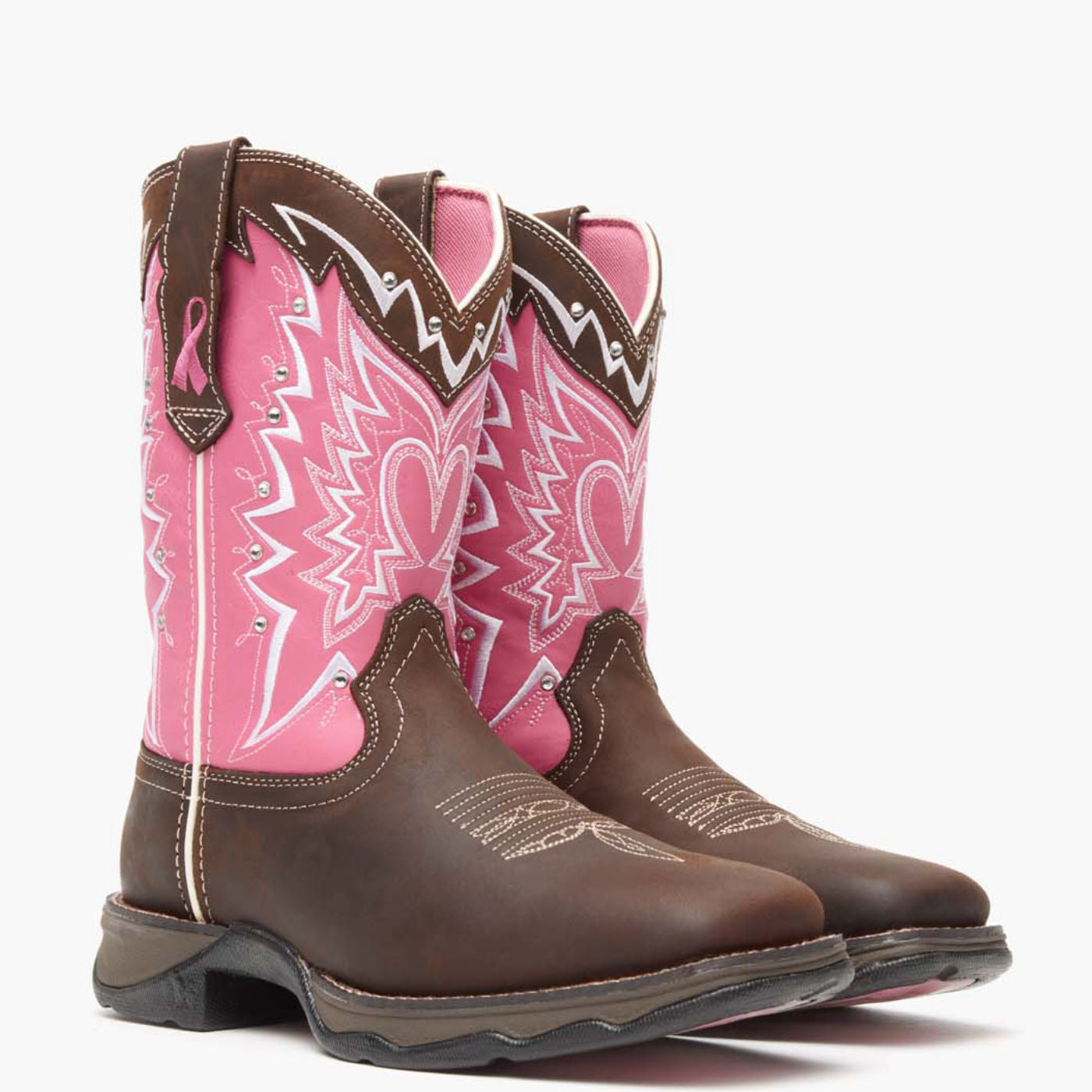 Front pair view of Durango Lady Rebel western boot with breast cancer ribbon detailing