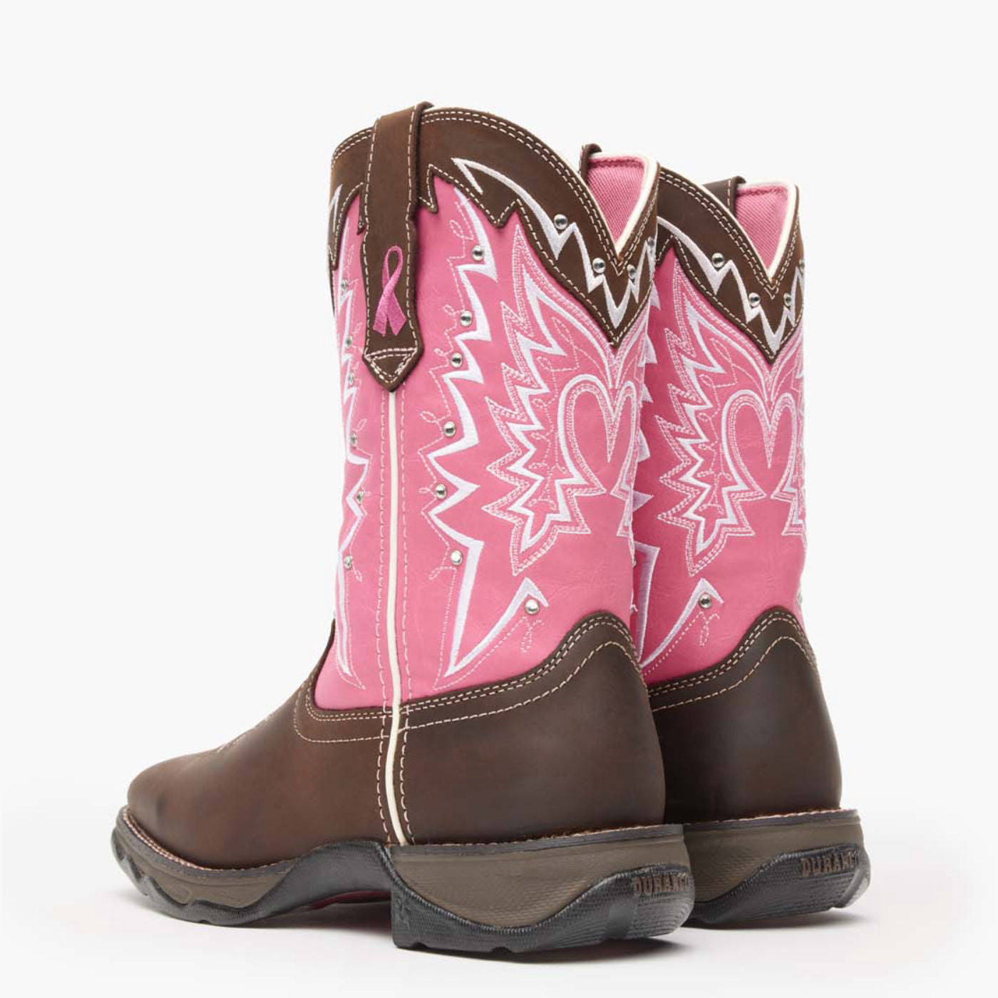 Back pair view of Durango Lady Rebel western boot with breast cancer ribbon detailing