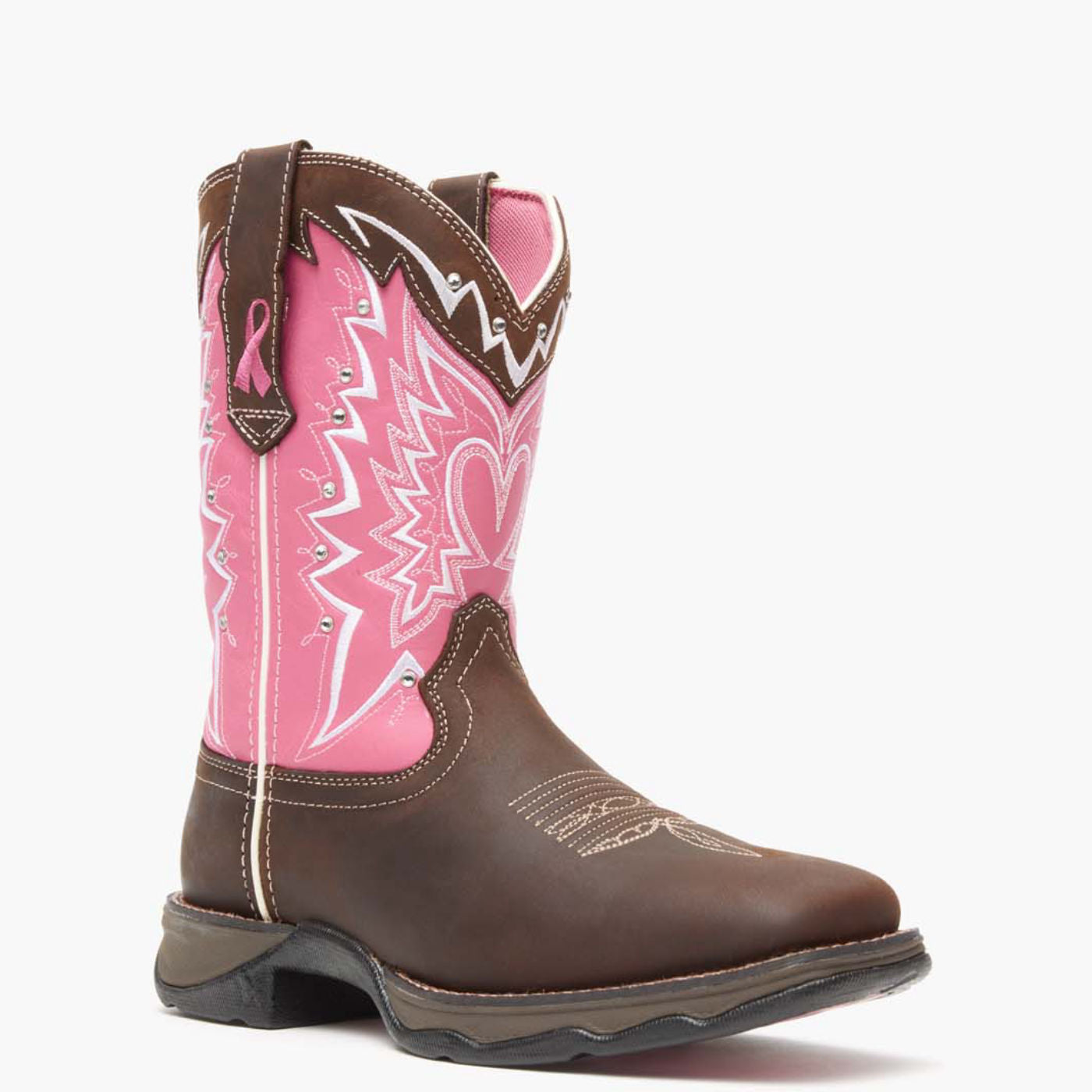 Front view of Durango Lady Rebel western boot with breast cancer ribbon detailing