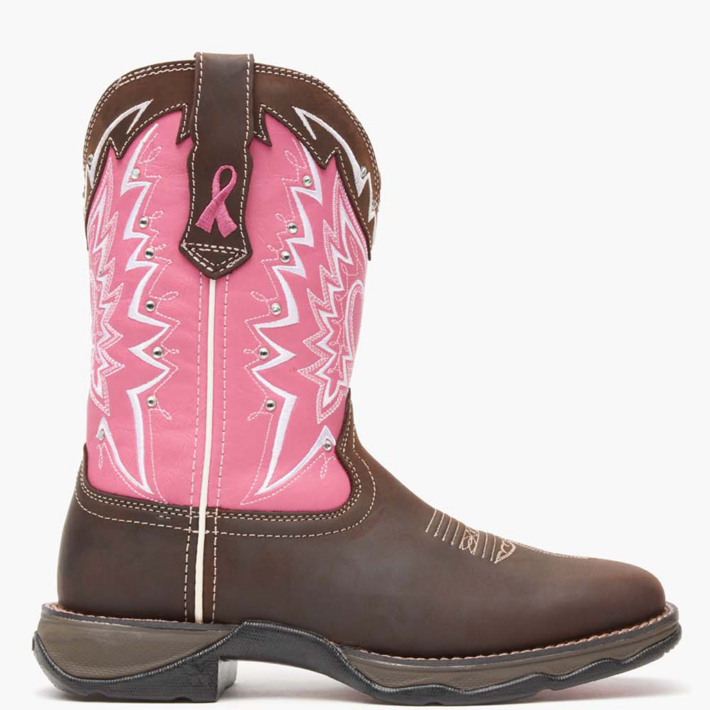 Outer side view of Durango Lady Rebel western boot with breast cancer ribbon detailing