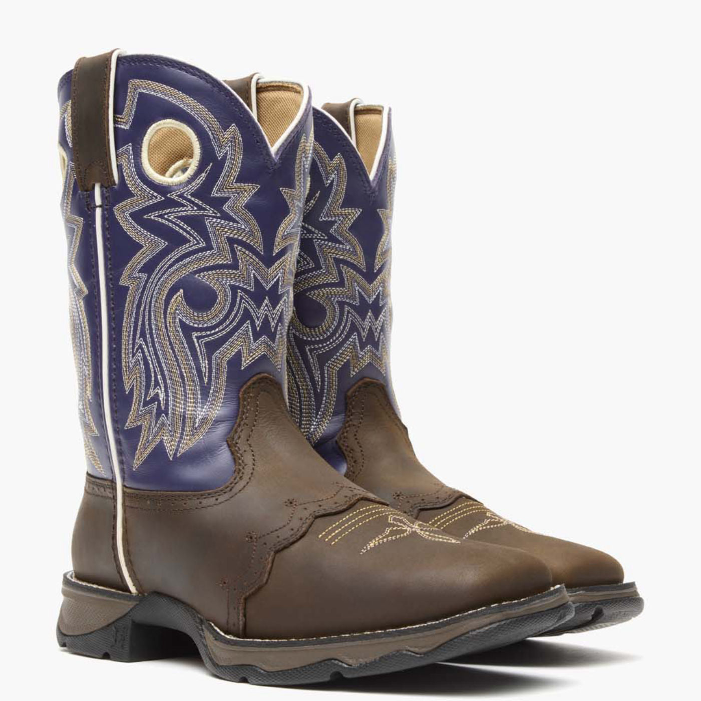 Front pair view of Durango Lady Rebel Brown and Purple western boots