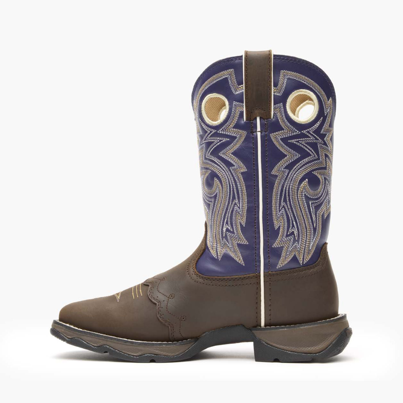 Inner side view of Durango Lady Rebel Brown and Purple western boot