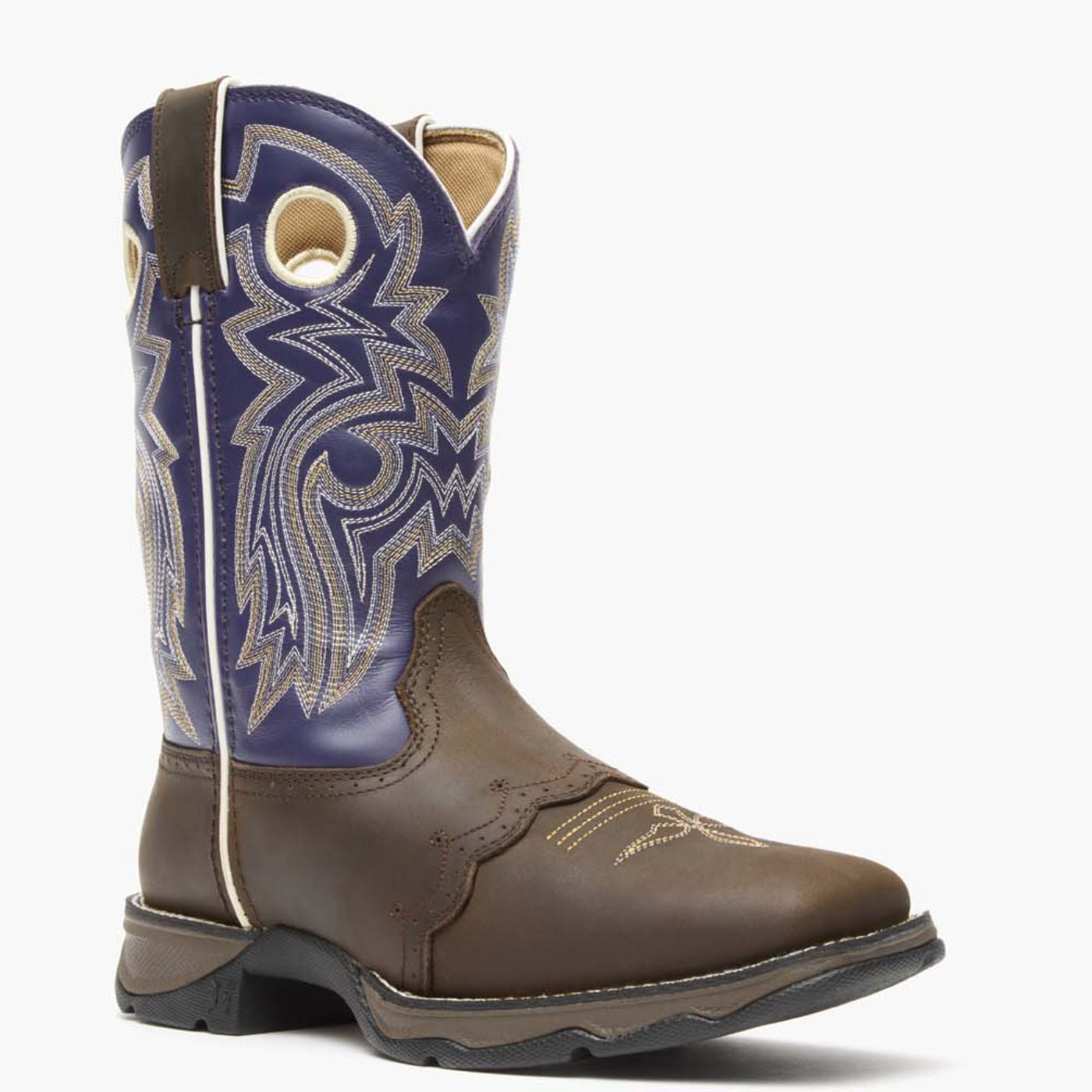 Front view of Durango Lady Rebel brown and purple western boot