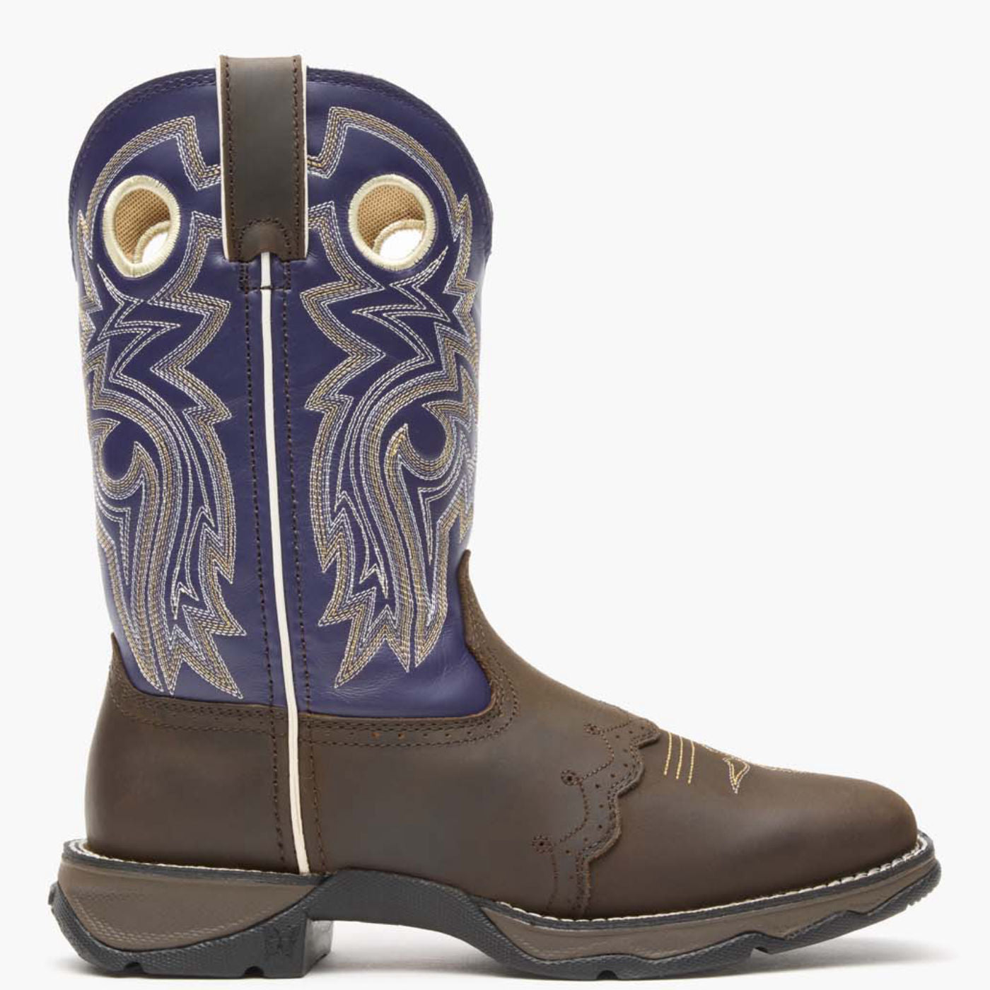 Outer side view of Durango Lady Rebel Brown and Purple western boot