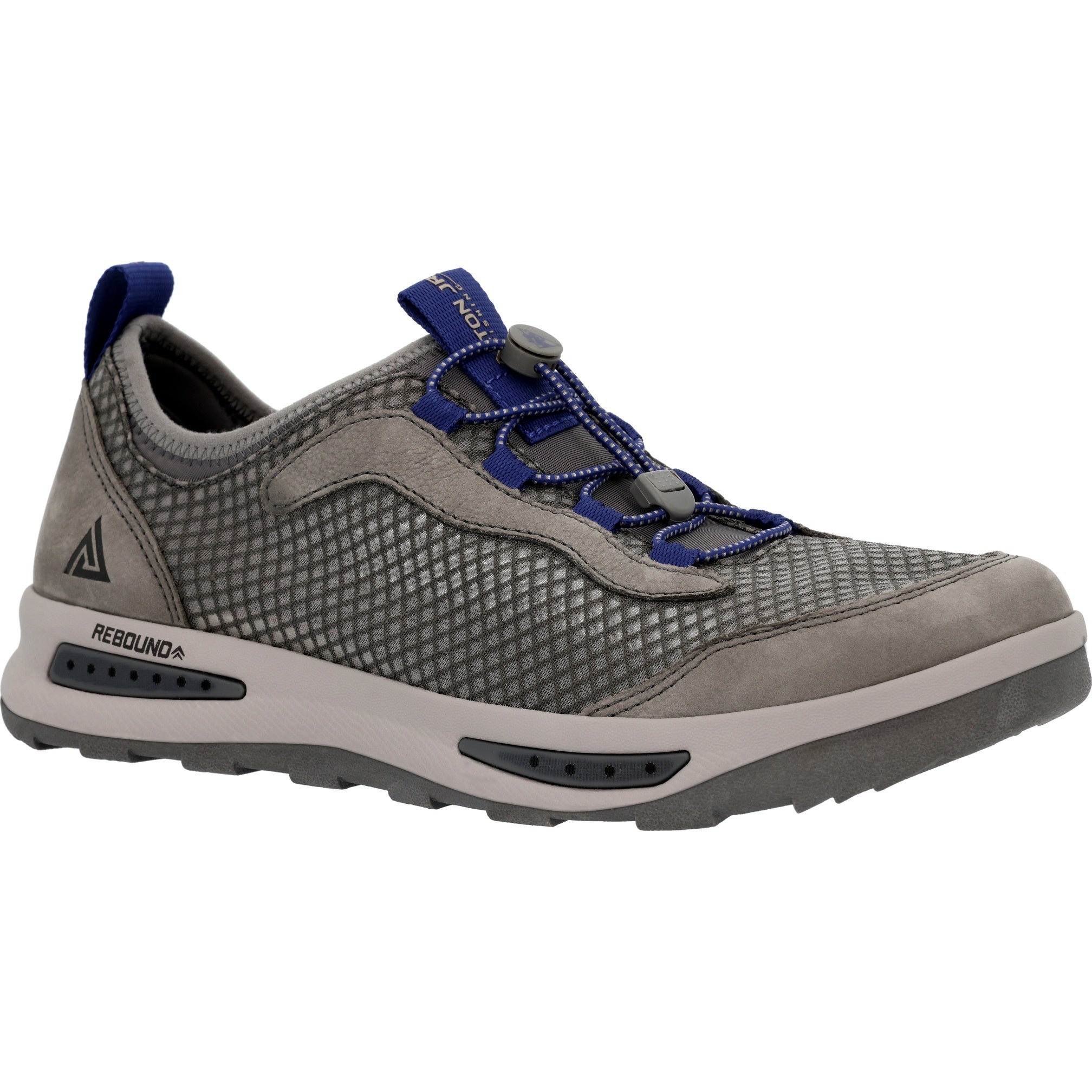 Gray and blue athletic shoe on a white background