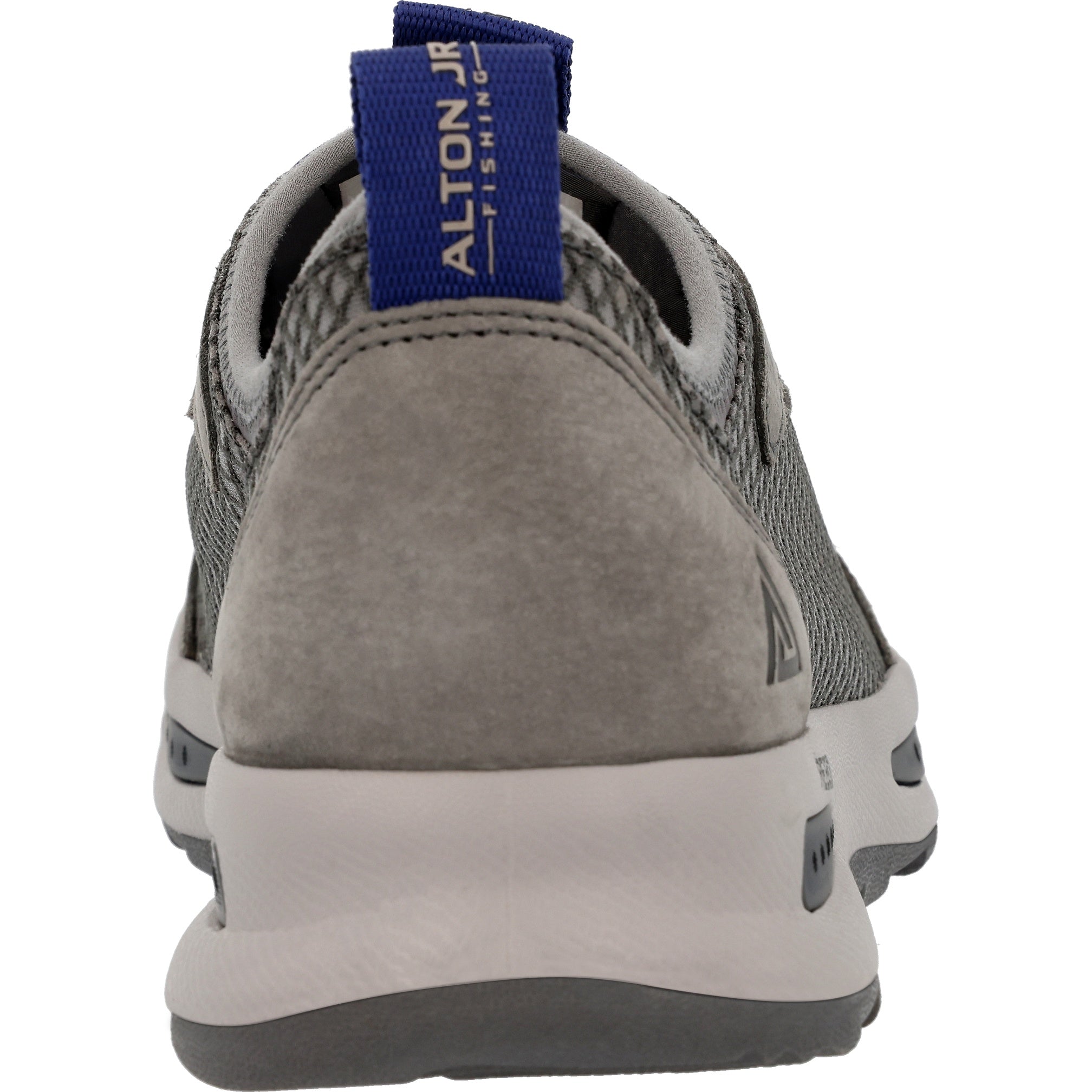 Gray shoe with a blue tag on a white background
