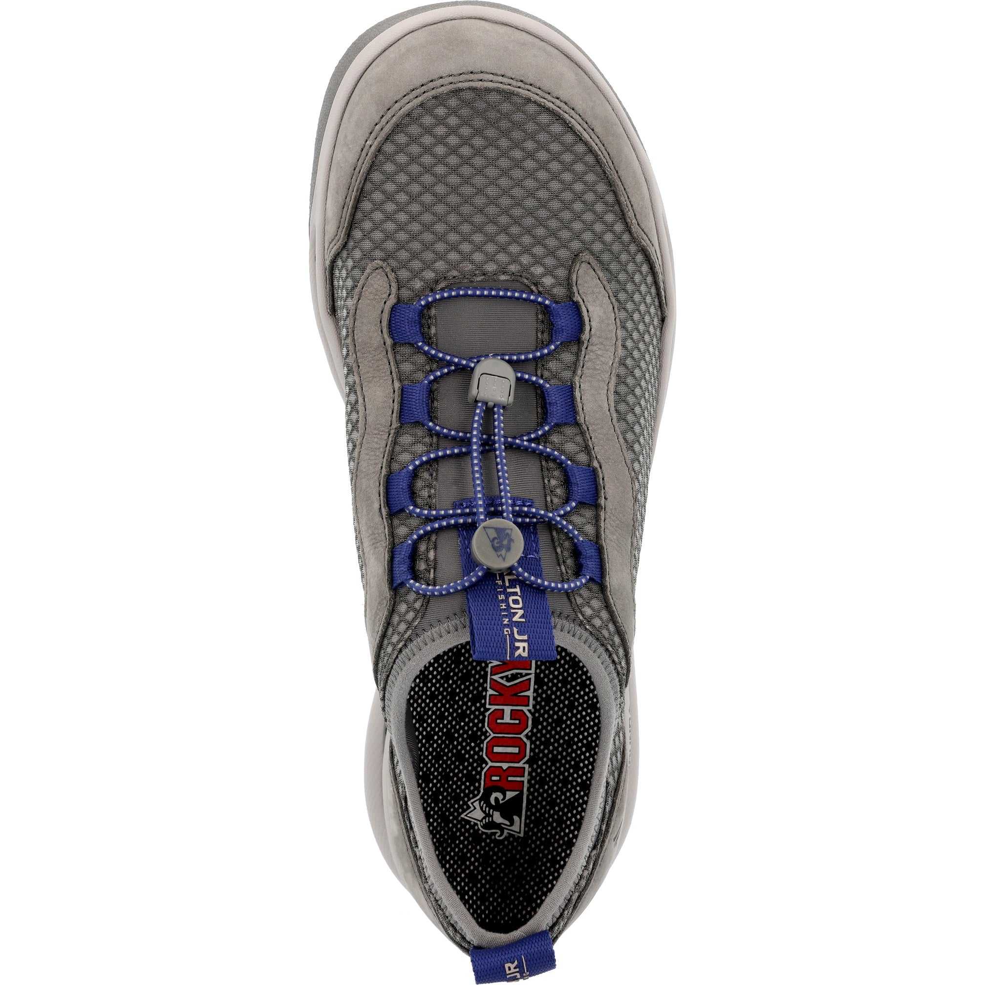 Gray athletic shoe with blue laces on a white background