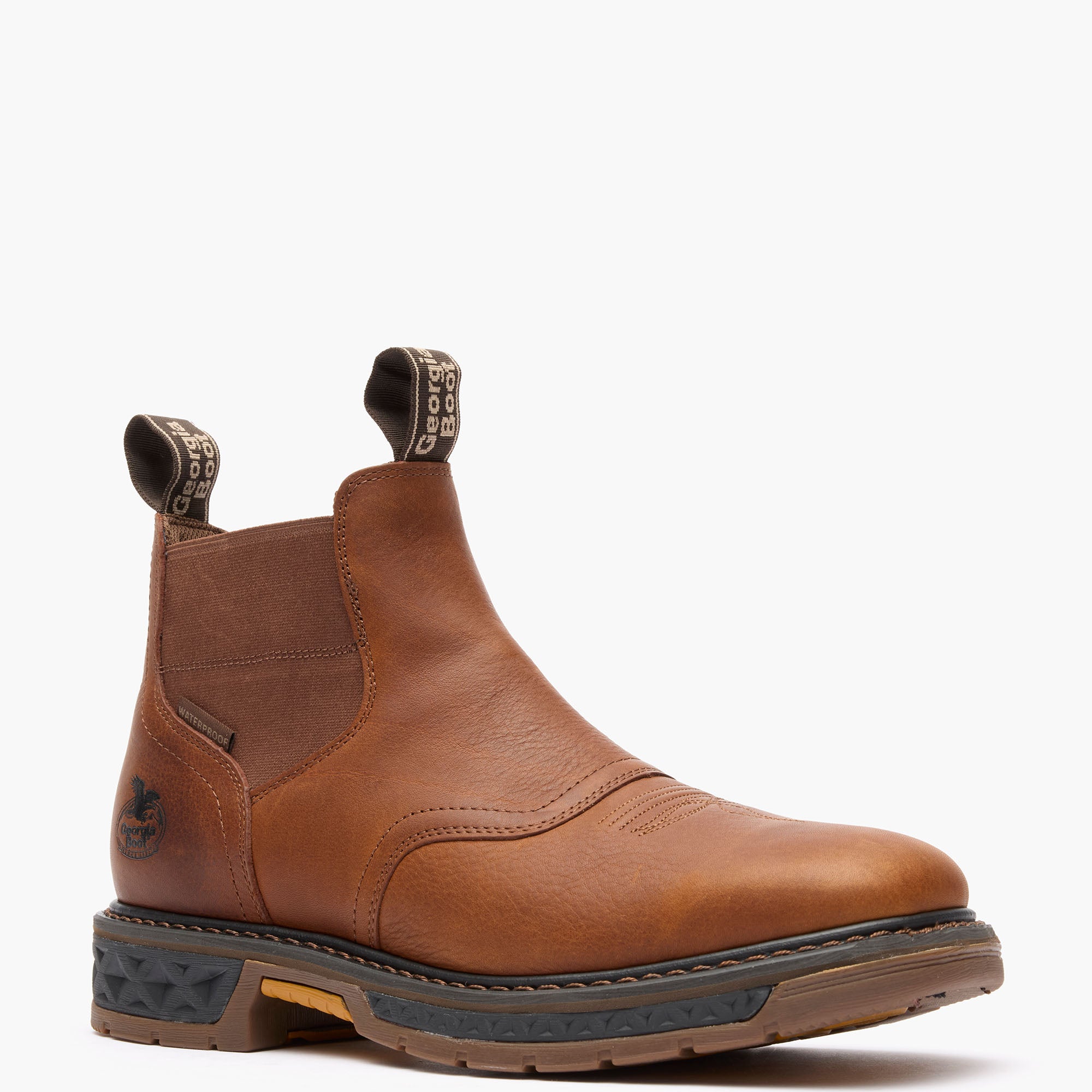 Brown leather boot with a white background