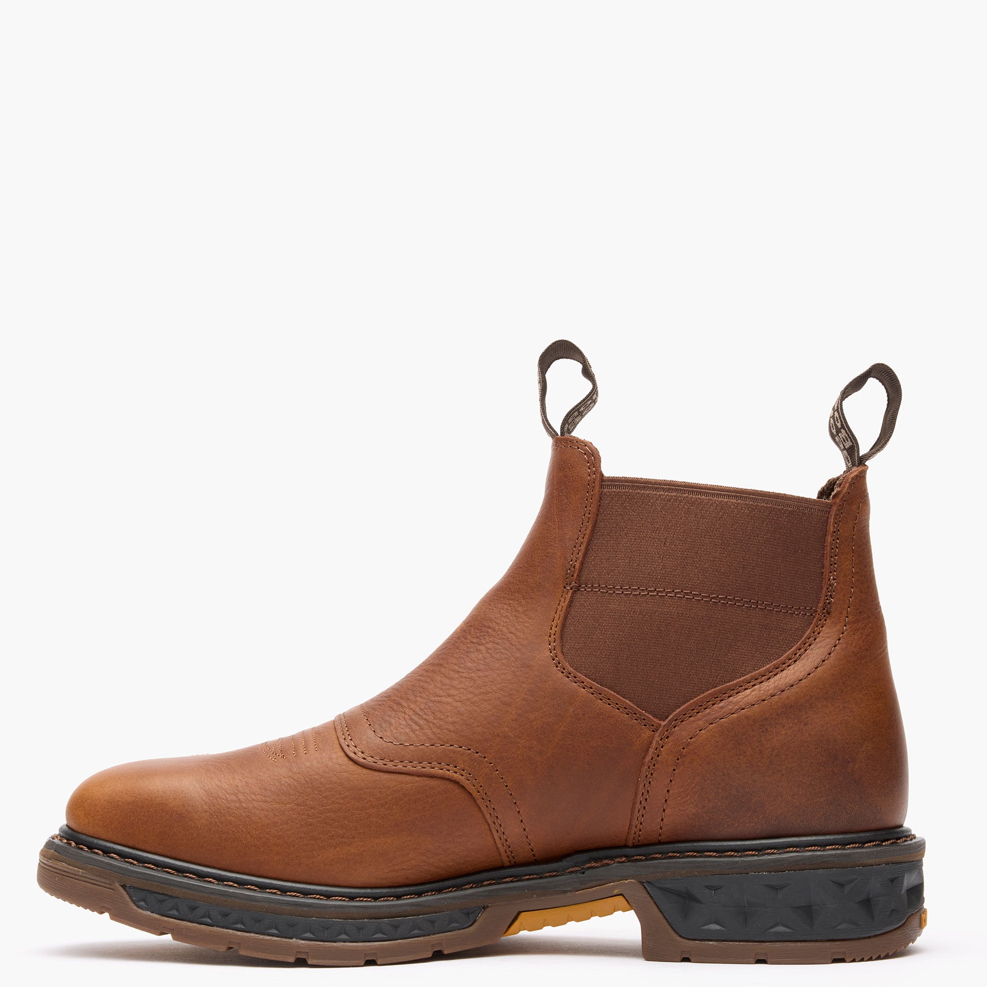 Brown leather boot with a white background
