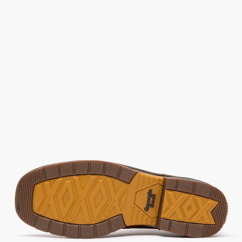 Brown and yellow sole of a shoe on a white background