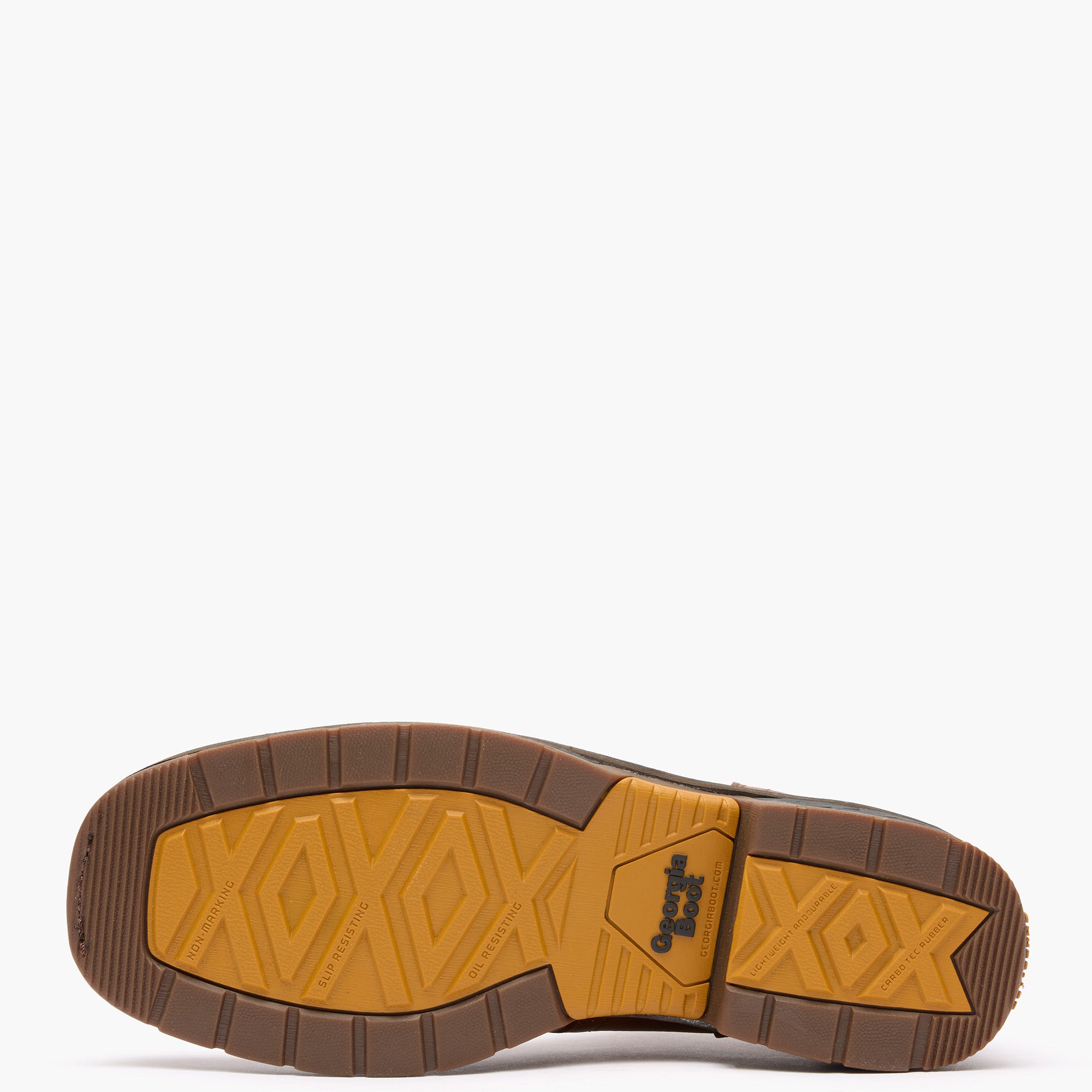 Brown and yellow sole of a shoe on a white background