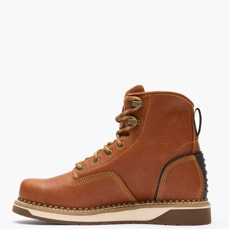 Brown leather boot with white sole on a white background