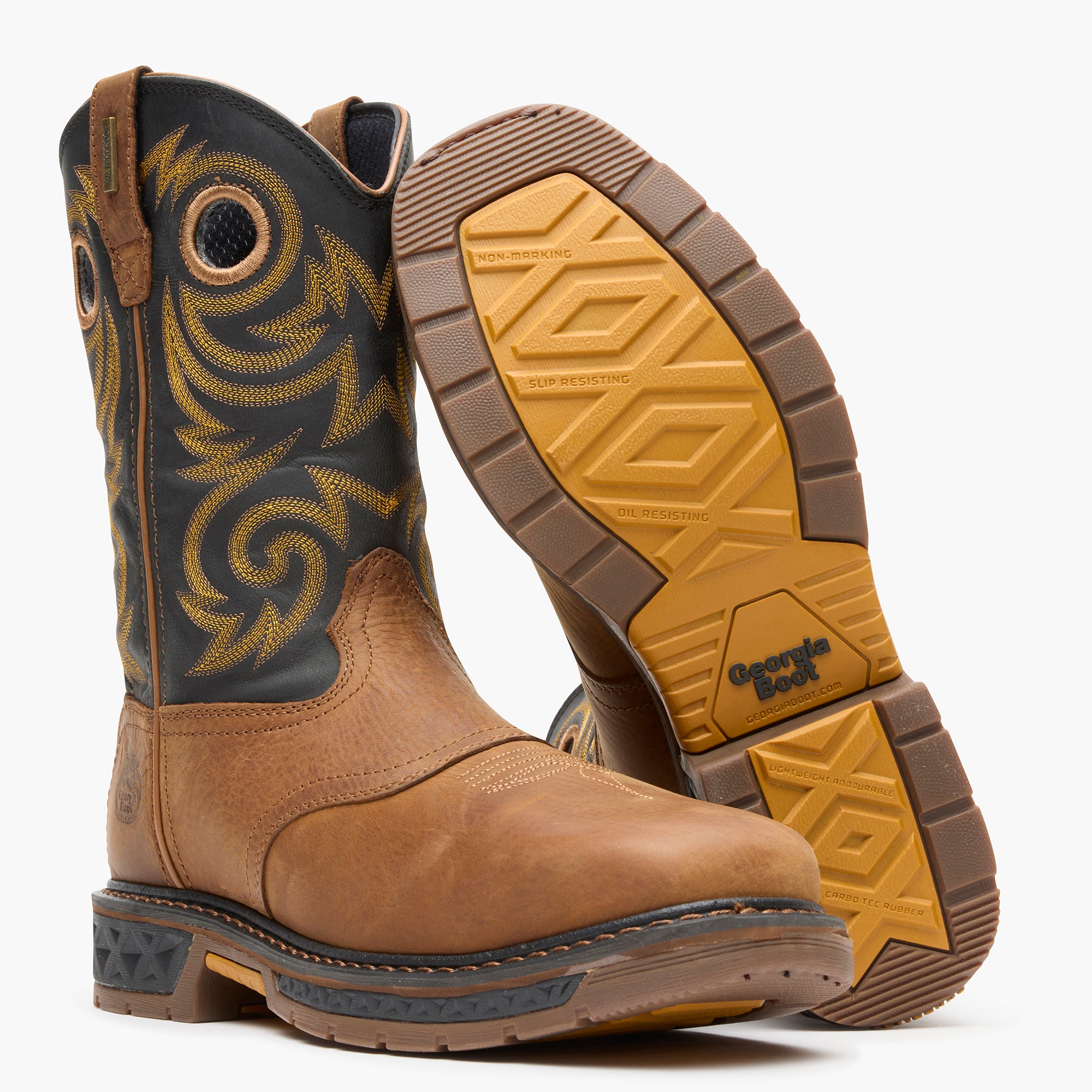 Pair of brown and black boots with yellow soles on a white background