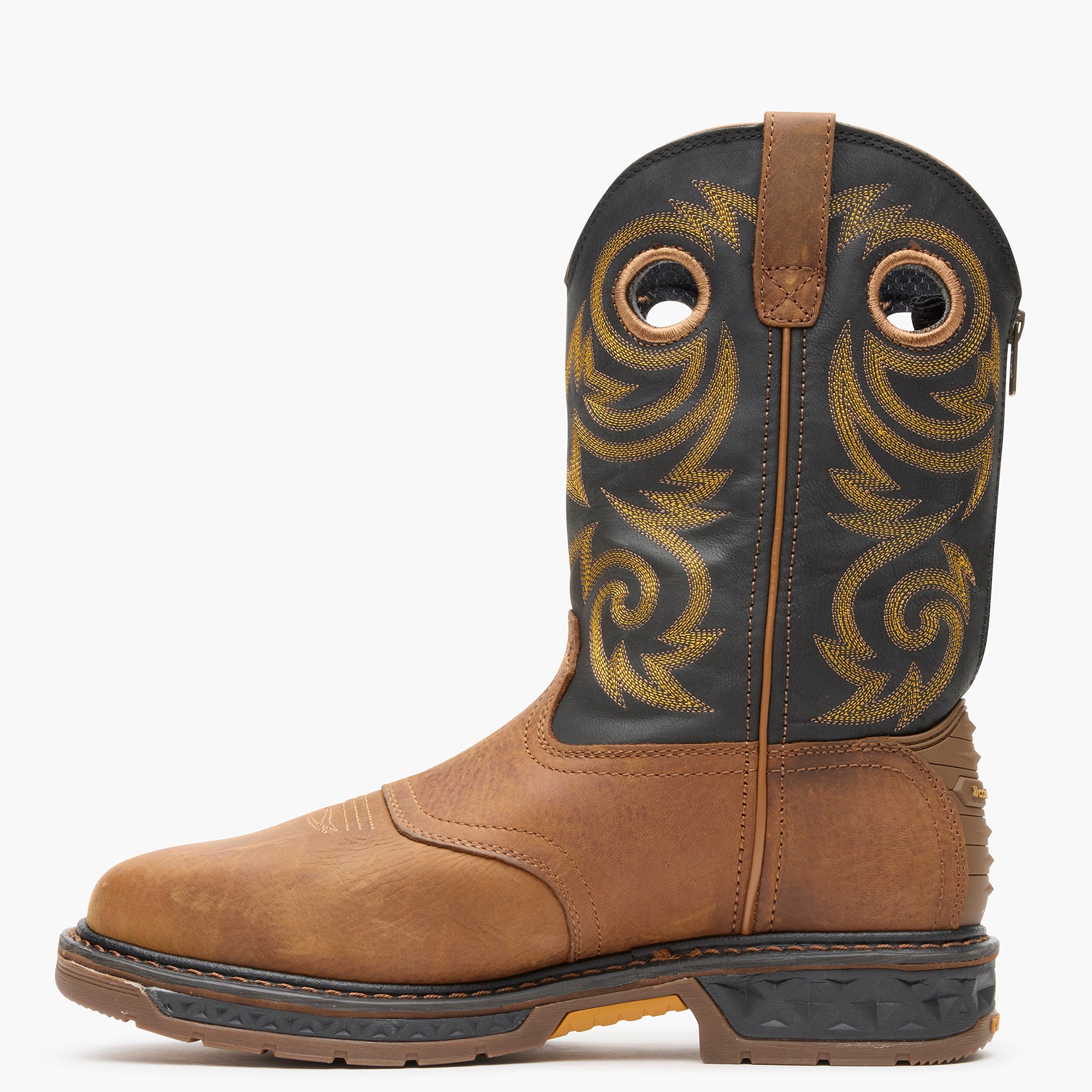 Brown and black cowboy boot with intricate design on a white background