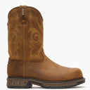 Brown cowboy boot with intricate embroidery on a white background