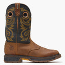 Brown cowboy boot with intricate design on a white background