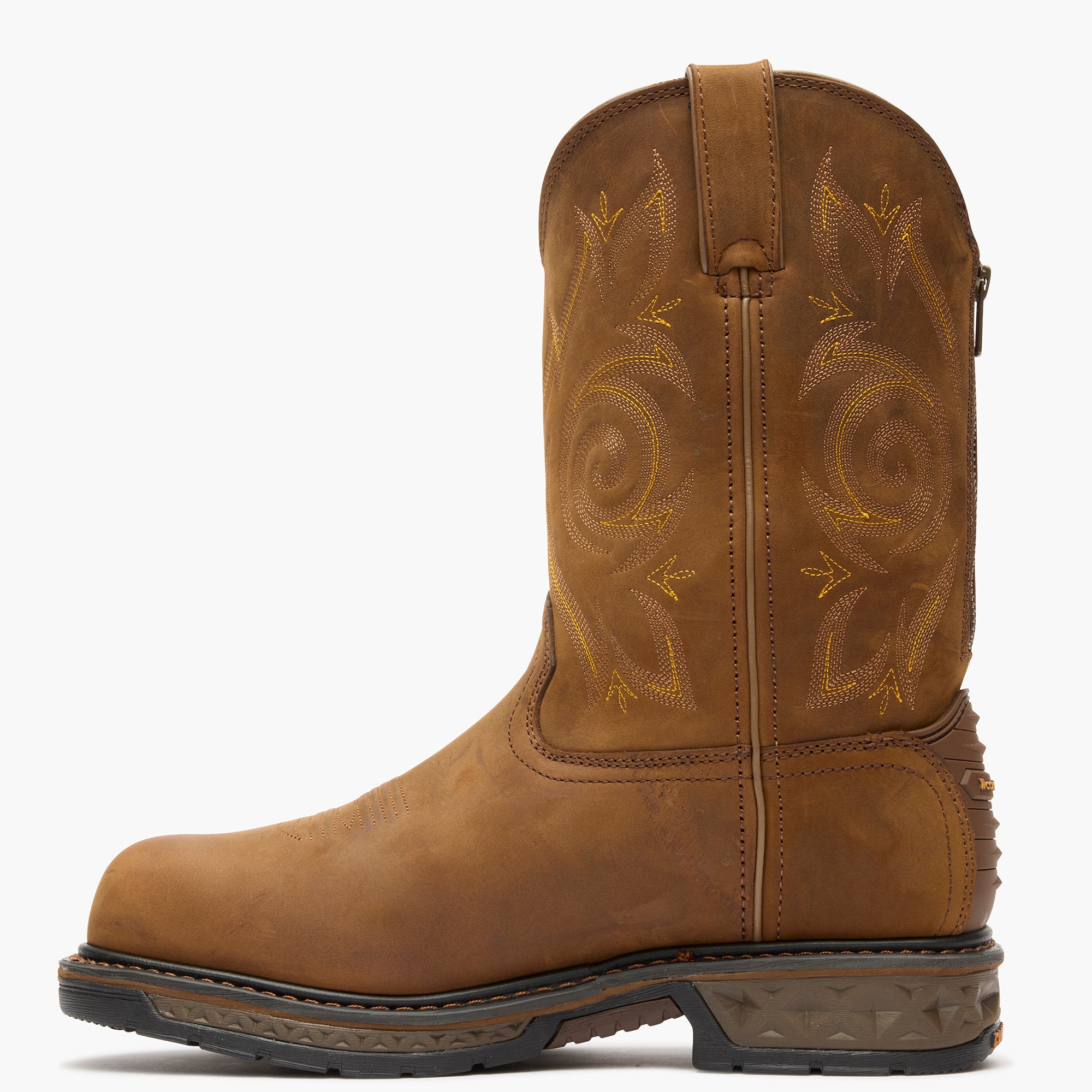 Brown cowboy boot with intricate stitching on a white background