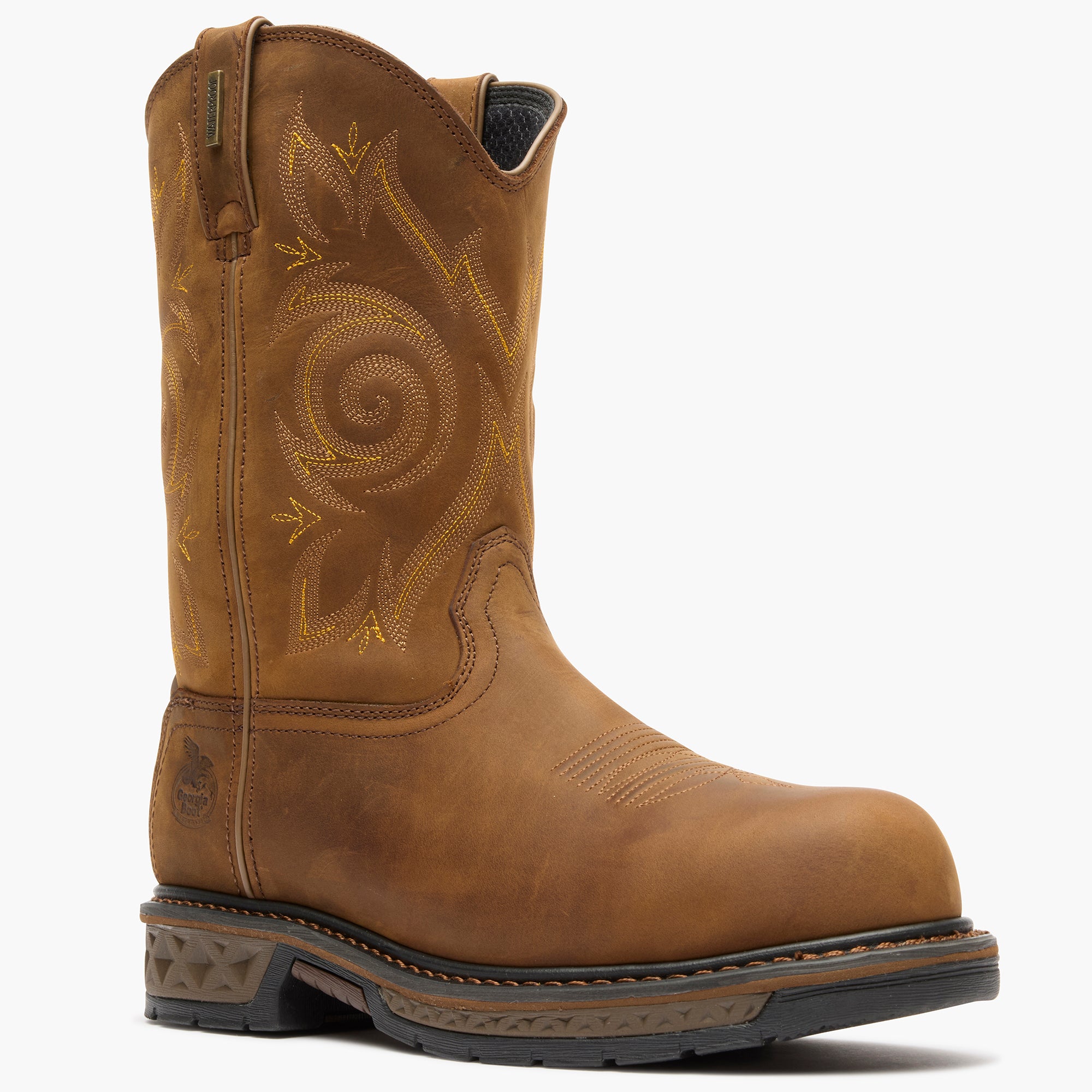 Brown leather boot with intricate embroidery on a white background