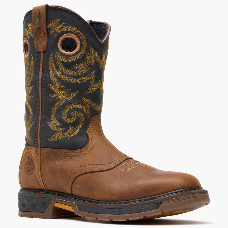 Brown cowboy boot with intricate black and yellow pattern on a white background