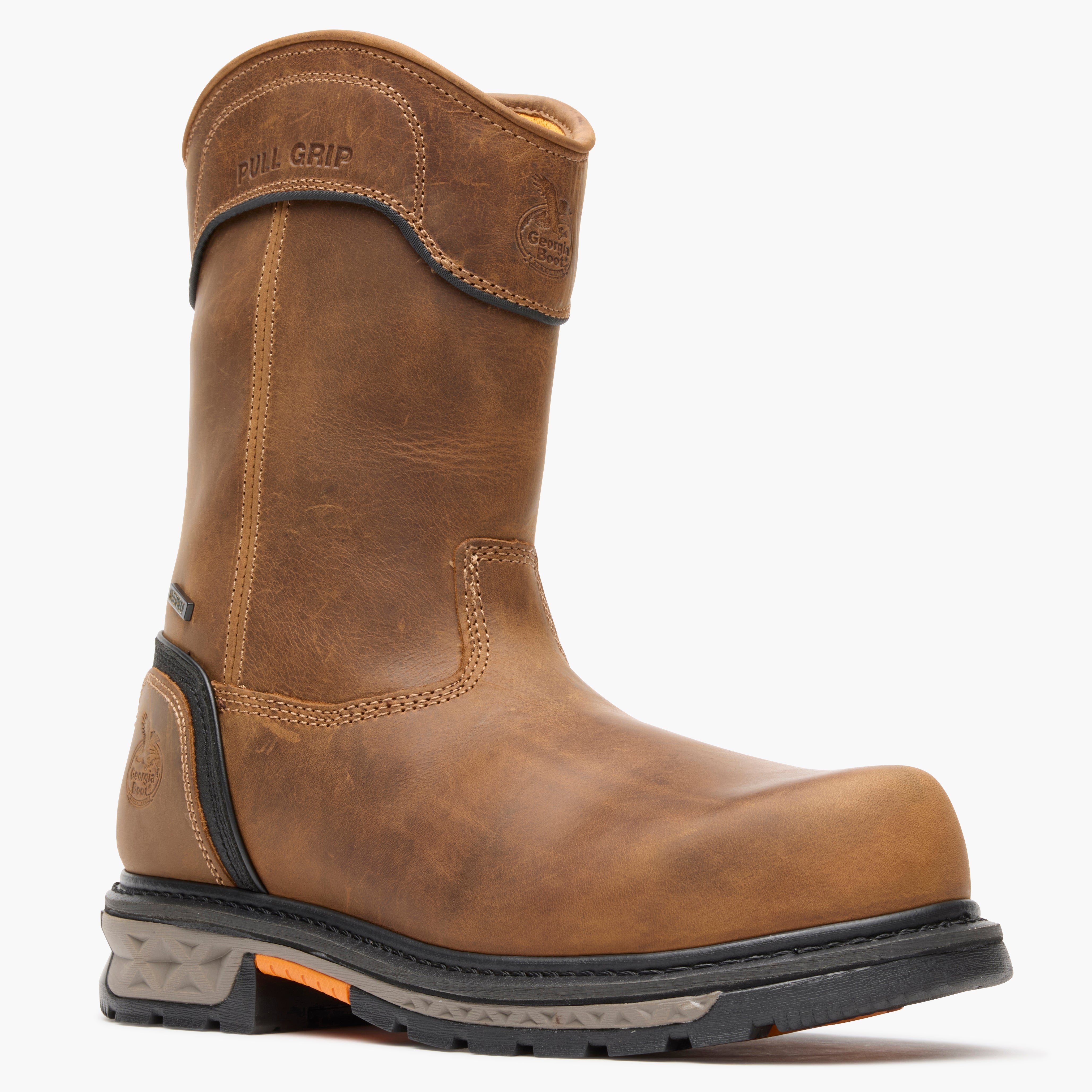 Brown work boot with visible brand logo on a white background
