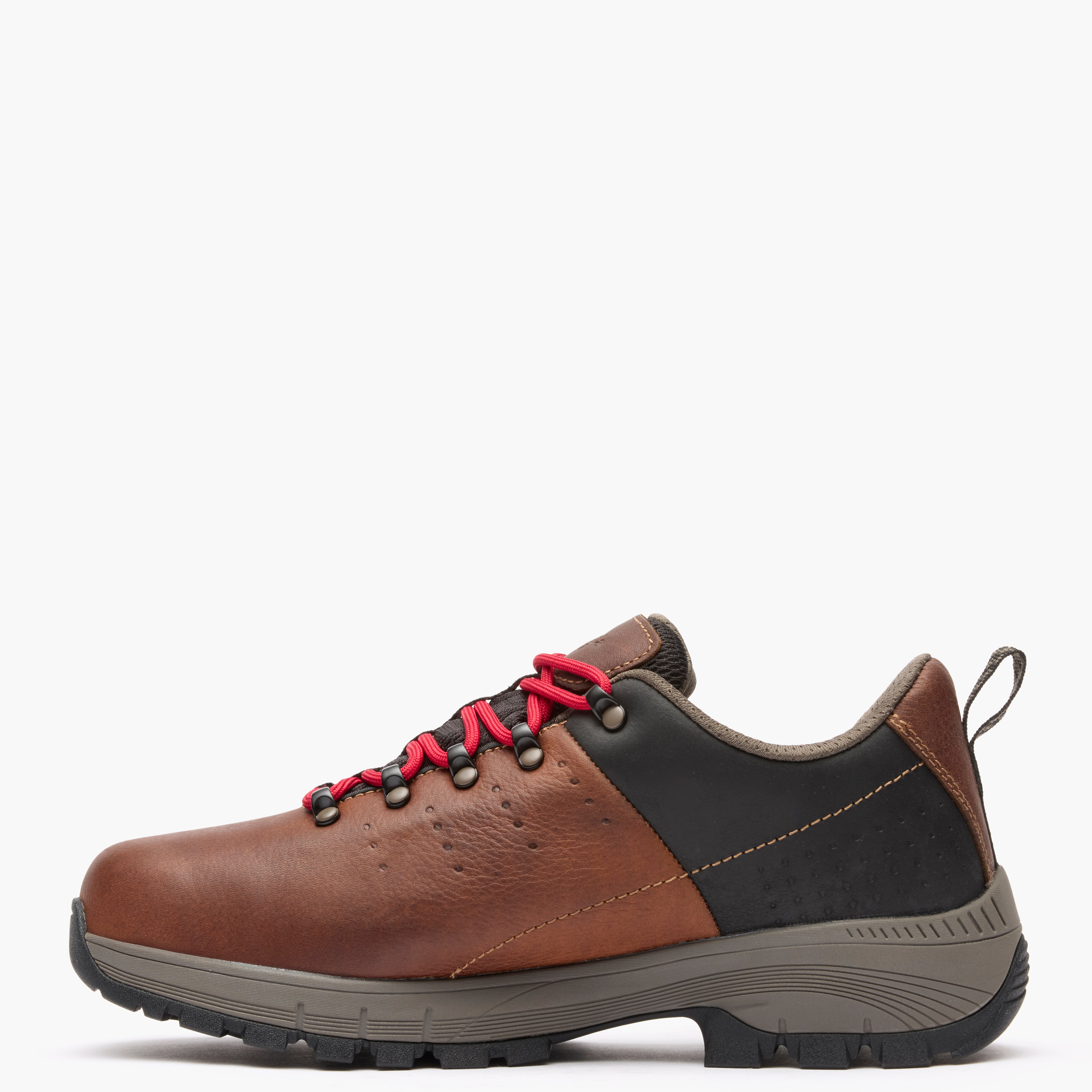 Brown and black shoe with red laces on a white background