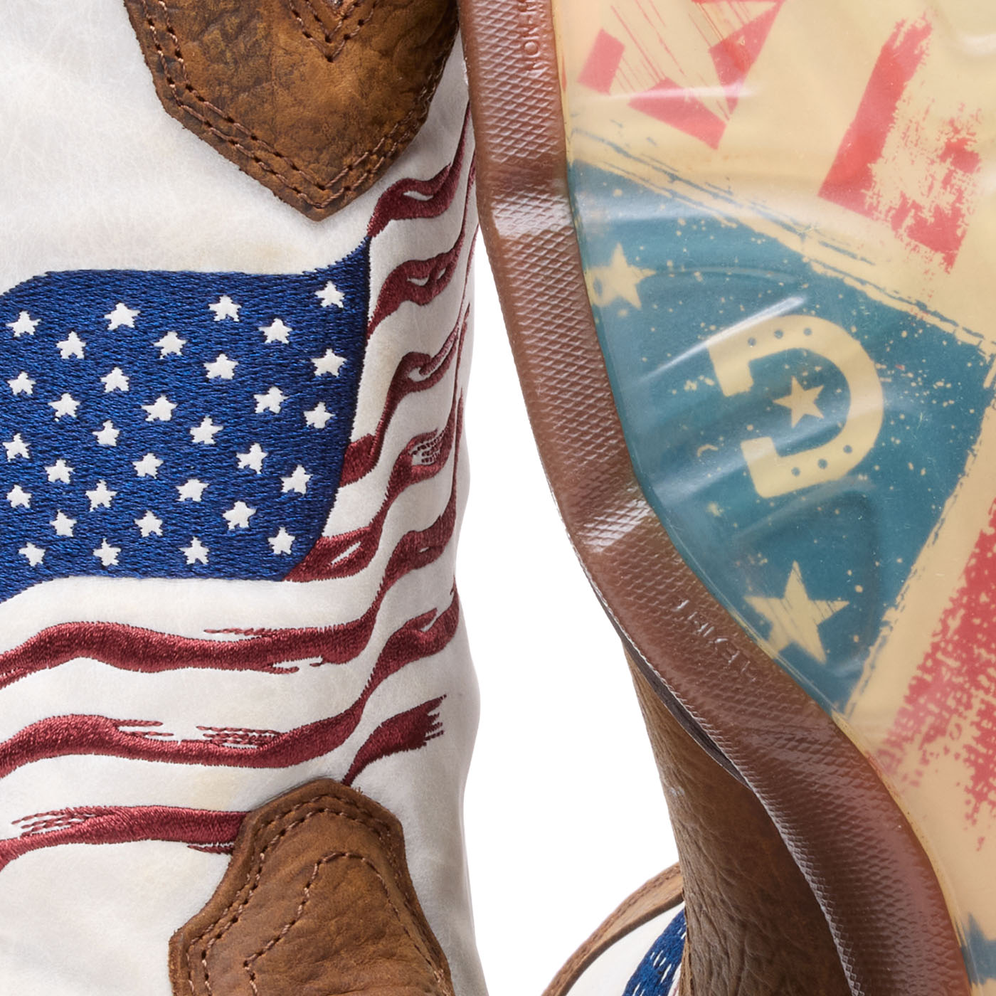 Close-up of a Durango boot with American flag design and a decorative sole.