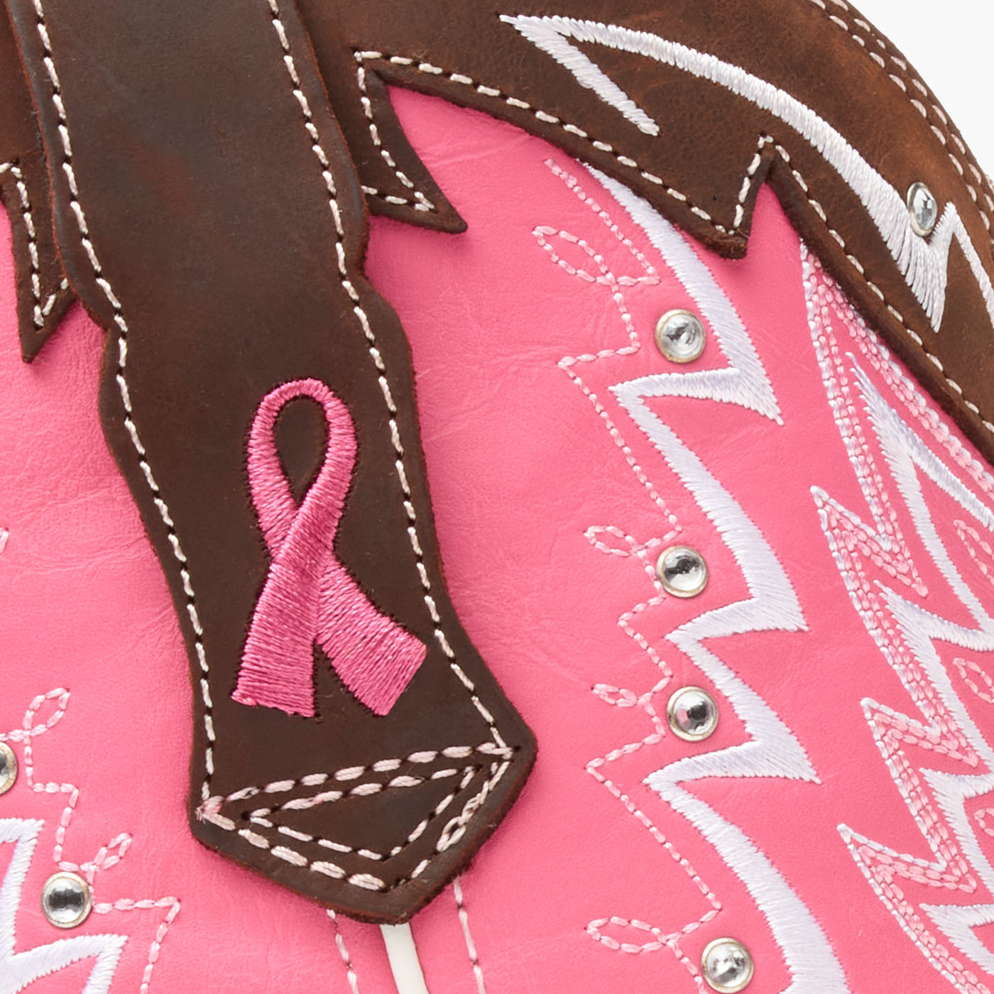 Detail view of Durango Lady Rebel western boot with breast cancer pink ribbon embroidery on pull strap